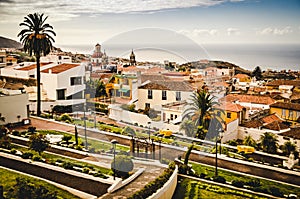 Old town on a hill with view of the ocean. Vintage houses. Traditional city centre. Terrace garden. Victoria Graden in La Orotava