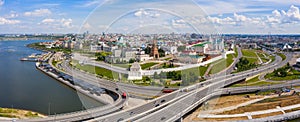 Old town, historical center with Kazan Kremlin and Suyumbike Tower, Panoramic view of the city on a sunny summer day. Russian
