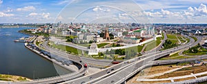 Old town, historical center with Kazan Kremlin and Suyumbike Tower, Panoramic view of the city on a sunny summer day. Russian photo