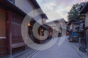 Old town with Japanese houses in travel holidays vacation trip outdoors in Kyoto City, Japan. Tourist attraction at sunrise.