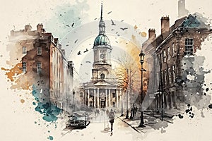 Old town of London drawing with bit of watercolour