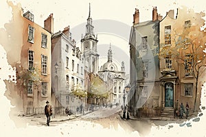 Old town of London drawing with bit of watercolour