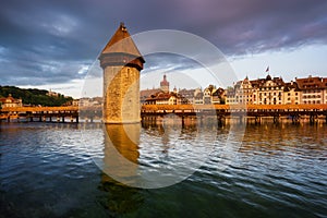 Old town of Lucerne city, Switzerland, in dramatical sunset light