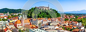 Old town and the medieval Ljubljana castle on top of a forest hill in Ljubljana, Slovenia