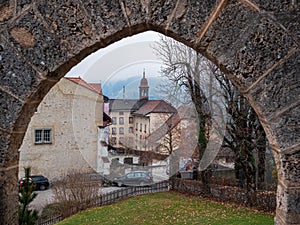 Old town of the medieval swiss village Gruyeres in canton Fribourg