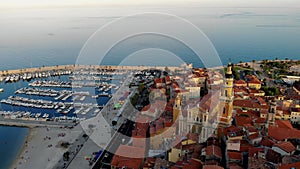 Old town Menton on French Riviera, France. Drone aerial view over Menton Provence Cote d Azur