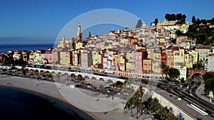 Old town Menton on French Riviera, France. Drone aerial view over Menton Provence Cote d Azur