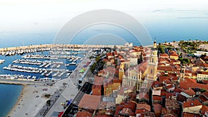 Old town Menton on French Riviera, France. Drone aerial view over Menton Provence Cote d Azur