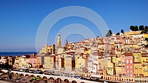 Old town Menton on French Riviera, France. Drone aerial view over Menton Provence Cote d Azur