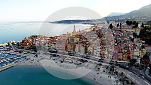 Old town Menton on French Riviera, France. Drone aerial view over Menton Provence Cote d Azur