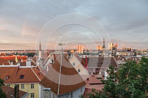 Old Town and modern city of Tallinn at sunset