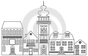 Old town monochrome drawing, architectur sketch in black outline on white background