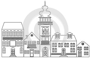 Old town monochrome drawing, architectur sketch in black outline on white background photo