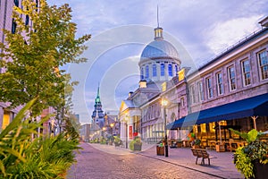 Old town Montreal at famous Cobbled streets at twilight