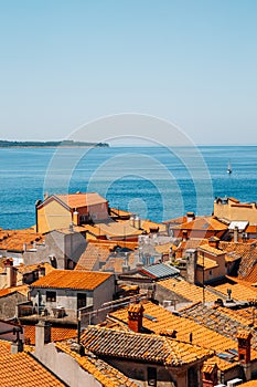 Old town orange roof and Adriatic sea panorama view in Piran, Slovenia