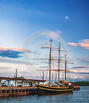 Old Town pier with sailing ship in Oslo, Norway