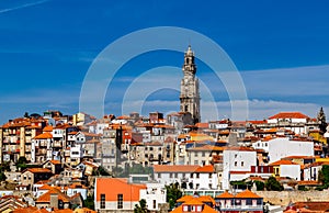 Old town Porto with tower Clerigos Torre dos ClÃ©rigos view with colorful houses, Portugal.