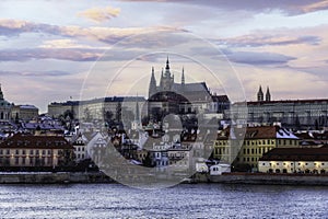 Old town of Prague. Czech Republic over river Vltava with Saint Vitus cathedral on skyline