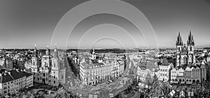 Old Town of Prague, Czech Republic. View on Tyn Church and Jan Hus Memorial on the square during Christmas market