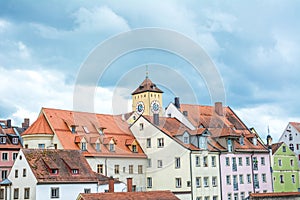 Old town of Regensburg at the river Danube on a cloudy day, Bavaria, Germany