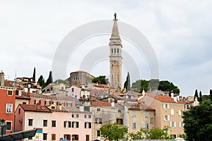 Old town of Rovinj, Croatia, with the facades of the typical croatian houses and the Church of St. Euphemia also known as