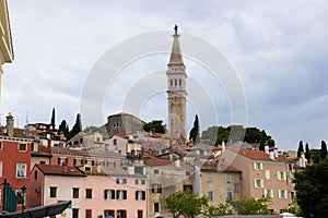 Old town of Rovinj, Croatia, with the facades of the typical croatian houses and the Church of St. Euphemia also known as