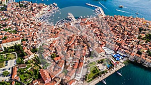 The old town of Rovinj, Istria, Croatia travel destination beautiful aerial view