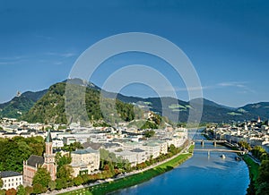 Old town of Salzburg flanked by Kapuzinerberg hill, birthplace of Mozart