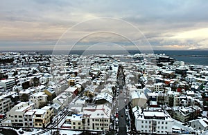 Old Town and seashore from the observation deck of Hallgrimskirkja church in central Reykjavik