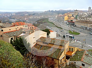 The old town of Segovia as seen from the Roman Aqueduct, Castile region