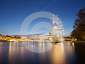 Old Town And Ship In Stockholm At Night