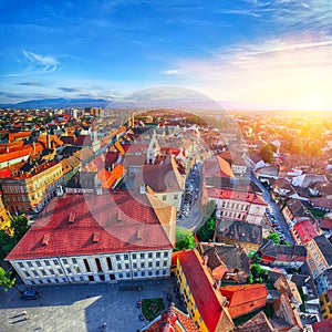 Old Town of Sibiu city seen from cathedral bell tower, view with Huat Square on foreground