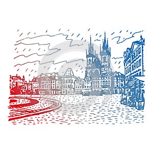 Church of Our Lady before Tyn. Prague, Czech Republic. Graphic illustration