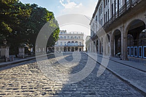 Old Town Square Plaza Vieja in the hostoric center of Havana in the morning, Cuba photo