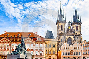 Old Town Square of Prague witch Church of St. Mary of tÃ½n and the Statue of Jan Hus in