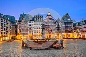Old town square romerberg with Justitia statue in Frankfurt Germ