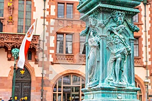 old town square romerberg with Justitia statue in Frankfurt Germany