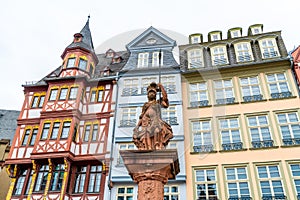 old town square romerberg with Justitia statue in Frankfurt Germany