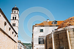 Old town Stradun street, Franciscan Church and Monastery and Large Onofrio`s Fountain in Dubrovnik, Croatia