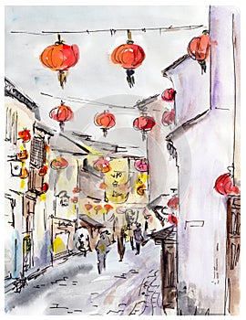 Old town street in China, traditional chinese red lanterns