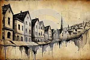 Old town street ink drawing on craft paper photo