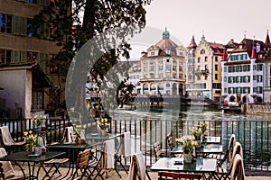 Old town street and restarurant tables in Lucerne city, Switzerland