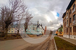 Old town street under a gloomy sky