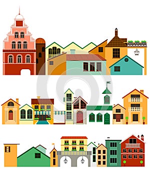 Old town streets illustration. Vector set of cityscape buildings