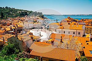 Old town Tartini square and Adriatic sea panorama view at summer in Piran, Slovenia