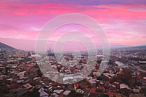 Old town of Tbilisi, Georgia with beautiful dreamy pink sky, travel card from Georgia concept