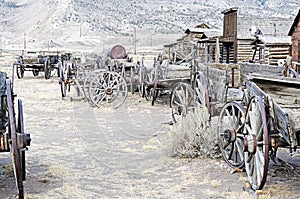 Old Wooden Wagons in a Ghost Town Cody, Wyoming, United States photo