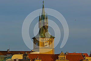 Old Town water tower with neo-Gothic roof and clock from 1880 in Prague, Czech Republic.