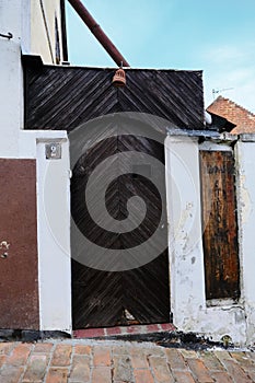 The old town of Zemun, the capital of Serbia, Belgrade. Vintage wooden door of the house, entrance to the gate front