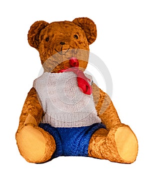 Old toy bear isolated on white background. Children toys. Ragdoll. Teddy bear